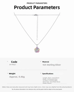 Detailed product specifications table for the S925 sterling silver colorful zircon necklace