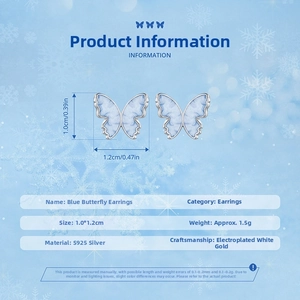 Detail specifications of S925 sterling silver blue butterfly stud earrings with size info