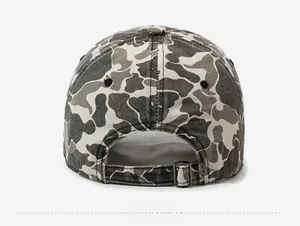 Rear view of camouflage baseball cap with adjustable metal buckle and canvas texture