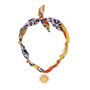 Bohemian silk scarf necklace with leopard print fabric and golden sun face pendant