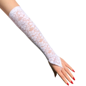 Long white floral lace sun protection gloves with middle finger loop design