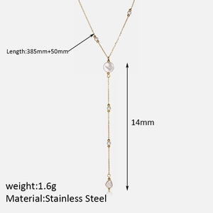 Elegant gold stainless steel pearl tassel necklace, length 385mm plus 50mm extension