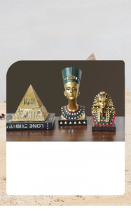 Three-piece ancient Egyptian resin set featuring golden pyramid and pharaoh figurines