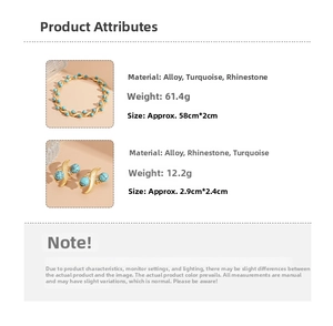Detailed size and weight specs for turquoise rhinestone necklace and earrings set