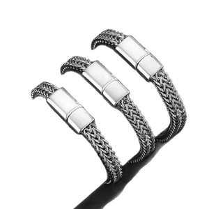 Three men's silver double-layer Cuban fish scale link bracelets in polished stainless steel
