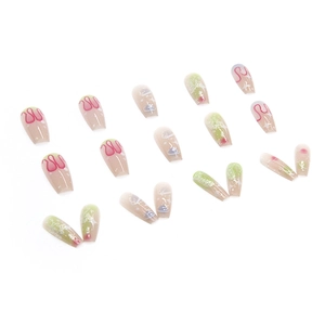 Space series medium ballet nails with green gradient and neon pink flame patterns