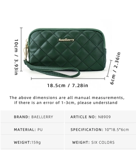 Detail view of Baellerry quilted PU leather wallet with specific dimensions and specs