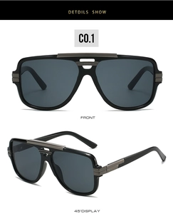 Detailed views of square aviator sunglasses with silver metal trim and dark grey lenses