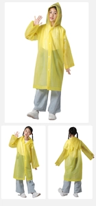 Three-view detail of yellow semi-transparent kids EVA raincoat with hood and drawstring