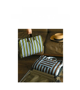 Detail of travel organizer bag with striped pattern and handle in luggage case