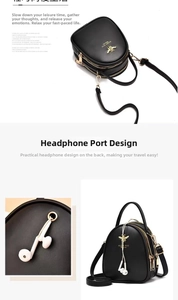 Detail view of mini black leather backpack with gold bee emblem and functional headphone port