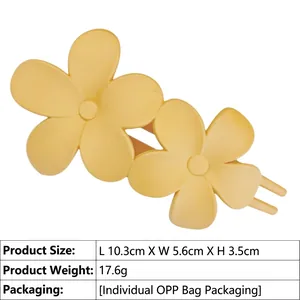 Detailed size specifications of the yellow matte flower hair claw clip on white background