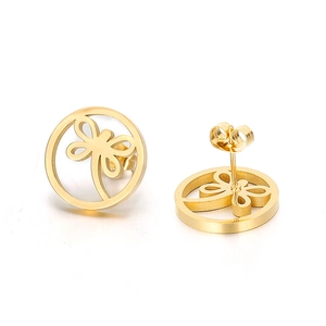 Gold hollow round earrings with dragonfly motif shown from front and side views
