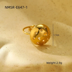 Macro shot of 1.7cm hollow heart dome ring in polished gold-plated stainless steel