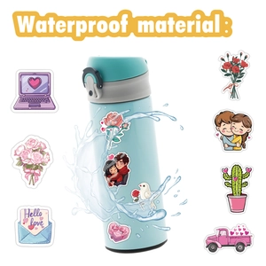 Waterproof Valentine heart stickers set shown on water bottle with splash effects