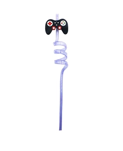 Purple translucent reusable spiral straw with a black game controller decoration