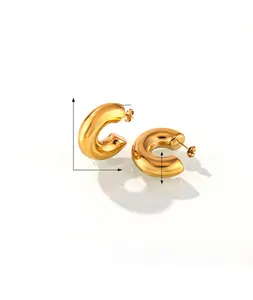 Macro shot of 18k gold-plated titanium steel C-shape earrings with size and weight specs
