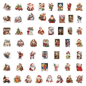 Detailed grid view of 48 vintage Christmas stickers featuring Santa and gingerbread man