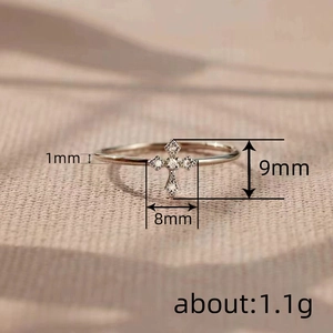 Minimalist silver cross ring with zircons, 8mm x 9mm pendant on 1mm thin band