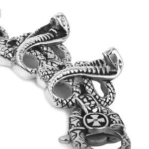 Bracelet gourmette gothique en acier titane avec têtes de cobra et fermoir croix rétro
