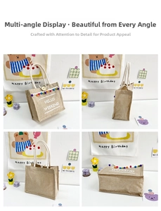 Detailed multi-angle view of linen tote bag with colorful tassels and HELLO WEEKEND text