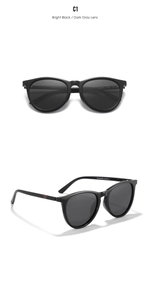 Close-up of polarized sunglasses KD336 with black frame and red green temple stripes