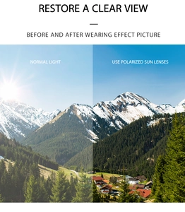 Polarized sunglasses lens detail showing anti-glare visual restoration and clear mountain view
