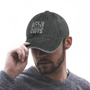 Adjustable dark grey cotton baseball cap featuring Life Is Better With Cats embroidery