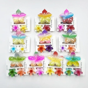 Rainbow gradient plumeria hair claw clips set for beach vacation and summer styling