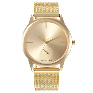 Elegant gold quartz watch featuring a minimalist sunray dial and milanese mesh strap