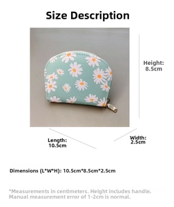 Detailed size measurement of the daisy coin purse showing 10.5cm by 8.5cm by 2.5cm dimensions