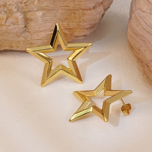 Minimalist hollow star stud earrings in gold finish displayed on a natural stone base