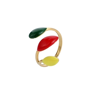 Detail view of gold titanium ring featuring colorful enamel leaves in green, red, and yellow