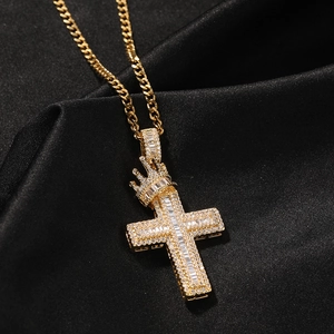 Gold crown cross pendant necklace with rectangular cubic zirconia and Cuban chain