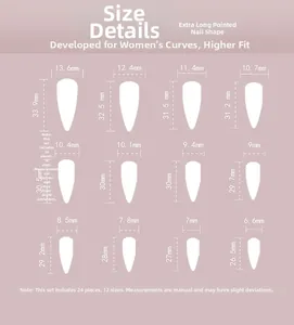 Size chart showing 24pcs extra long stiletto press-on nails with 12 specific dimensions