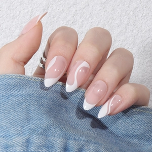 Press On Nails White Abstract Wavy Lines Almond Shape Nude Pink Glossy Detachable Manicure Art For Women