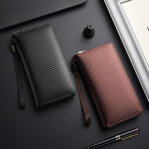 Men's RFID long wallet set in black and brown carbon fiber texture with wrist straps