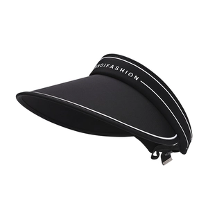 Black foldable wide brim sun hat with white embroidery and adjustable back strap