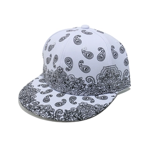 Detailed top view of a white paisley snapback hat with black flat brim pattern