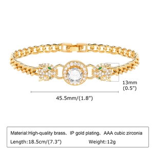 Macro detail of brass bracelet featuring cubic zirconia pave and leopard head design
