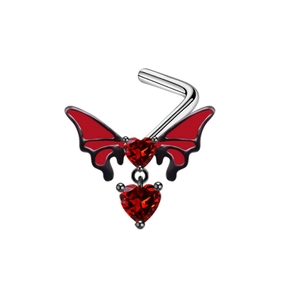 L-shaped nose stud featuring black butterfly wings and a red heart-shaped gemstone drop