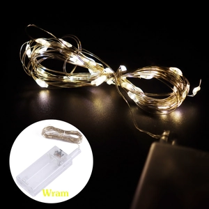 Detail of warm white LED copper wire fairy lights with transparent battery compartment