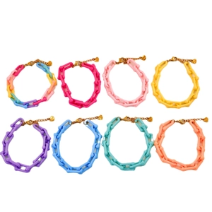 Colorful acrylic chain bracelets with gold heart charms in multiple vibrant matte colors