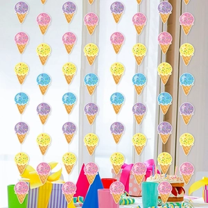 Summer party hanging decorations featuring colorful ice cream cone paper garlands
