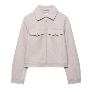 Minimalist light grey zip-up jacket with classic collar and front flap chest pockets