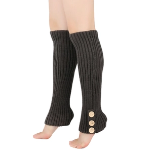 Close-up of dark brown cable knit leg warmers with vintage wooden buttons details