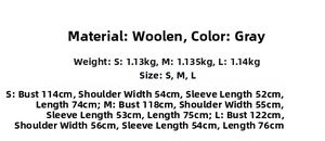Size chart for gray hooded wool-like poncho coat detailing bust and length measurements