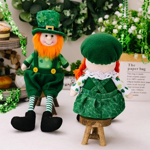 Detailed back and front view of St. Patrick's Day plush gnomes with clover patterns
