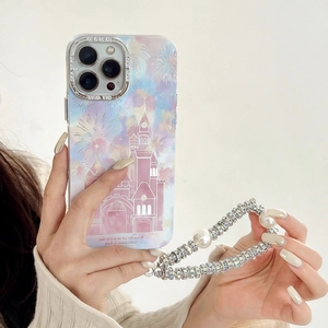Pink castle phone case with beaded pearl wrist strap and luxury silver cube charms