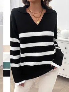 Maglione A Righe In Maglia Di Viscosa Nylon Scollo A V Polo Maniche Lunghe Casual Donna Top In Maglia